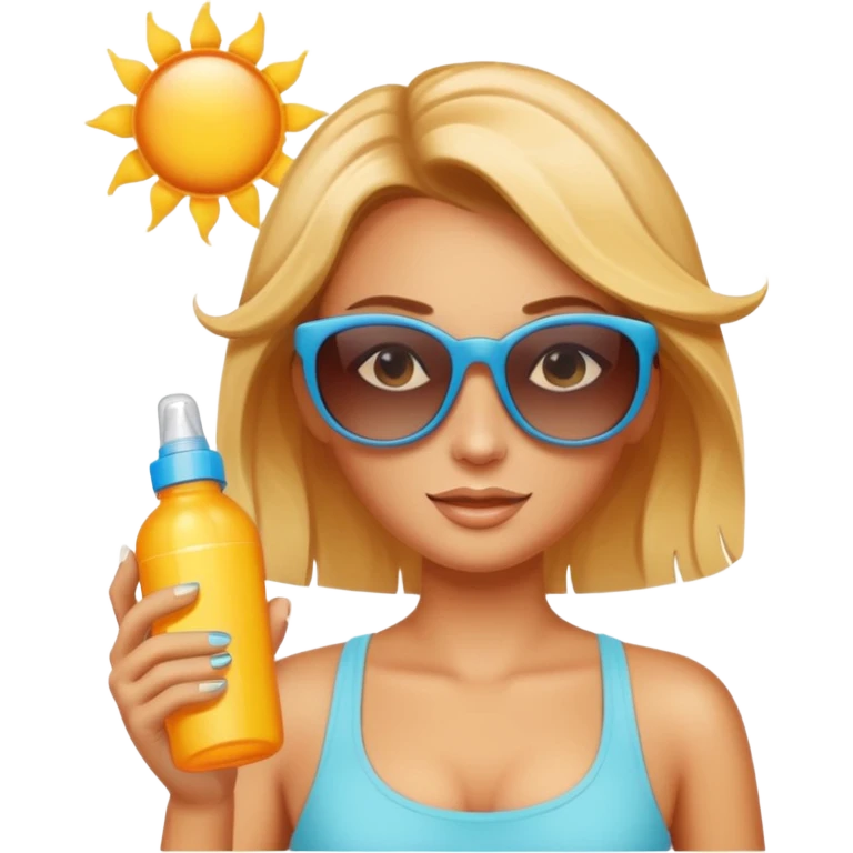female with suncream bottle and sunglasses, with sun burned emoji