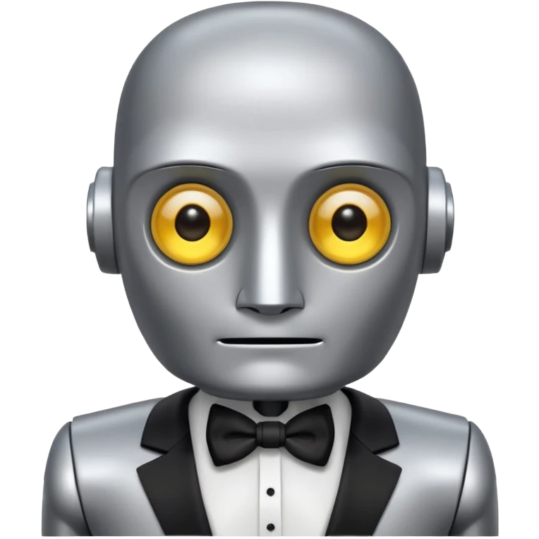 Silver robot with a square head, no hair, yellow eyes without pupils, thick moustache, wearing a tuxedo, buff emoji
