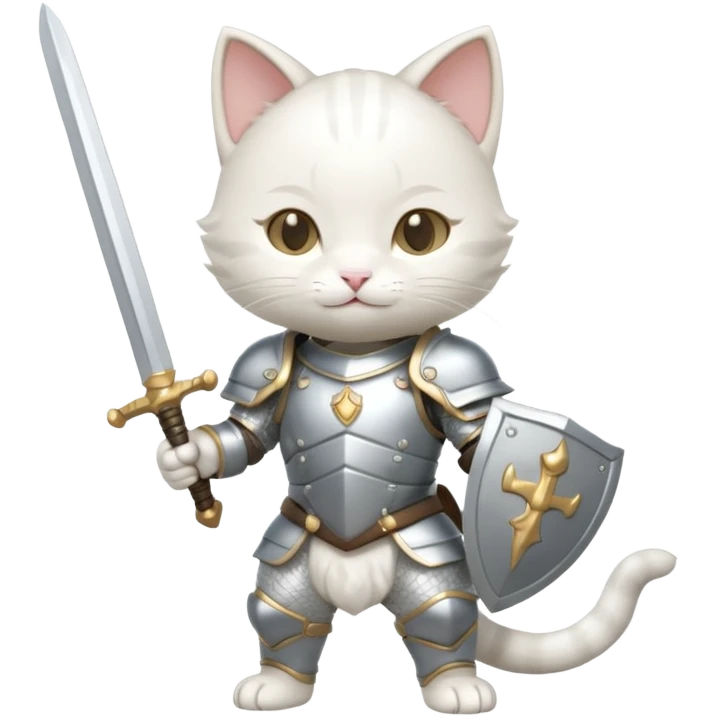 baby chibi white cat in silver armor, full body, smile, hold a sword emoji