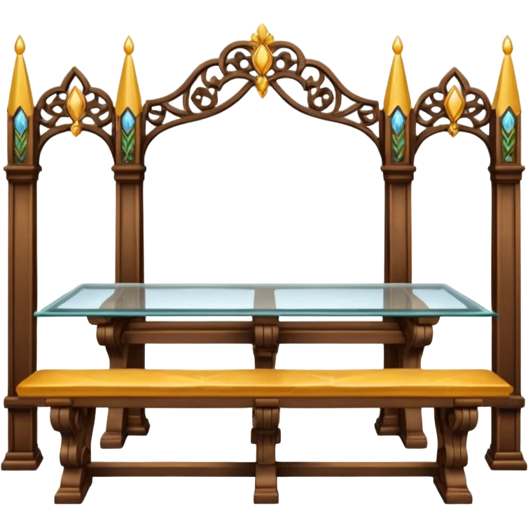 A glass topped rectangular trestle table with 2 benches on the long sides and 2 thrones at the ends emoji
