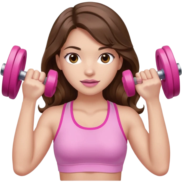 girl with wavy long brown hair, brown eyes, light to medium complexion, long lashes, light pink lipstick, wearing light pink shirt, lifting pink dumbbells in a sports top emoji