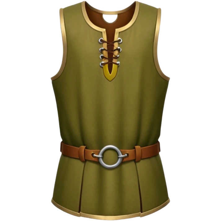 A stylized 3D render of a sleeveless medieval tunic, olive green fabric, scoop neck with a small keyhole opening fastened by brown leather toggles. emoji