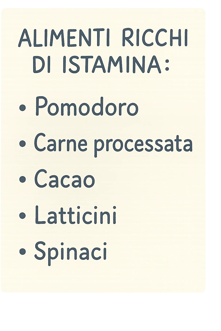 emoji di un foglio di carta con lista di alimenti ricchi di istamina scritti a penna:
ALIMENTI RICCHI DI ISTAMINA:
- Pomodoro
- Carne processata
- Cacao
- Latticini
- Spinaci emoji