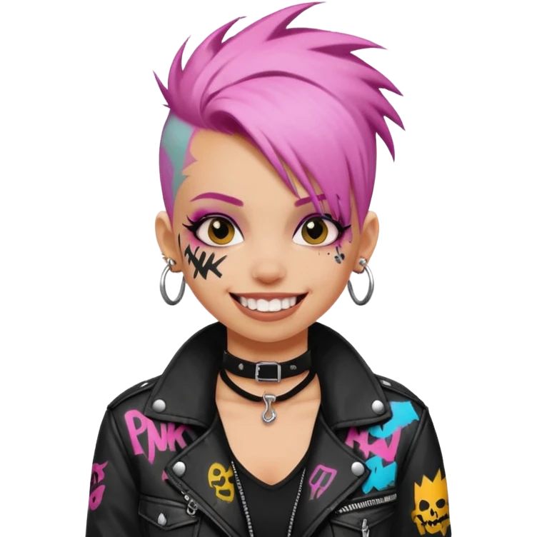 a punk girl with dyed hair and wear a punk graffiti jacket with black choker grin playfully  emoji