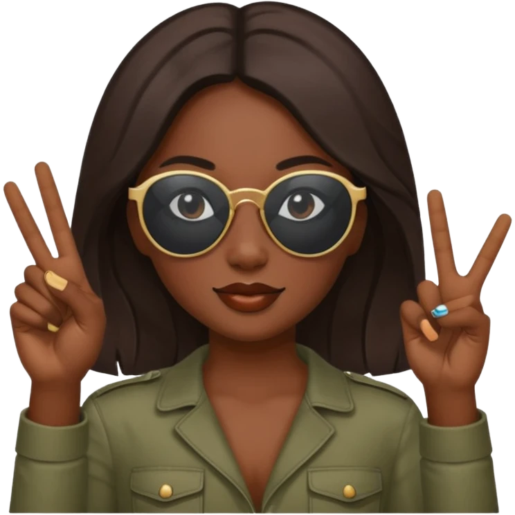 A girl with dark skin sunnies and doing a peace sign emoji