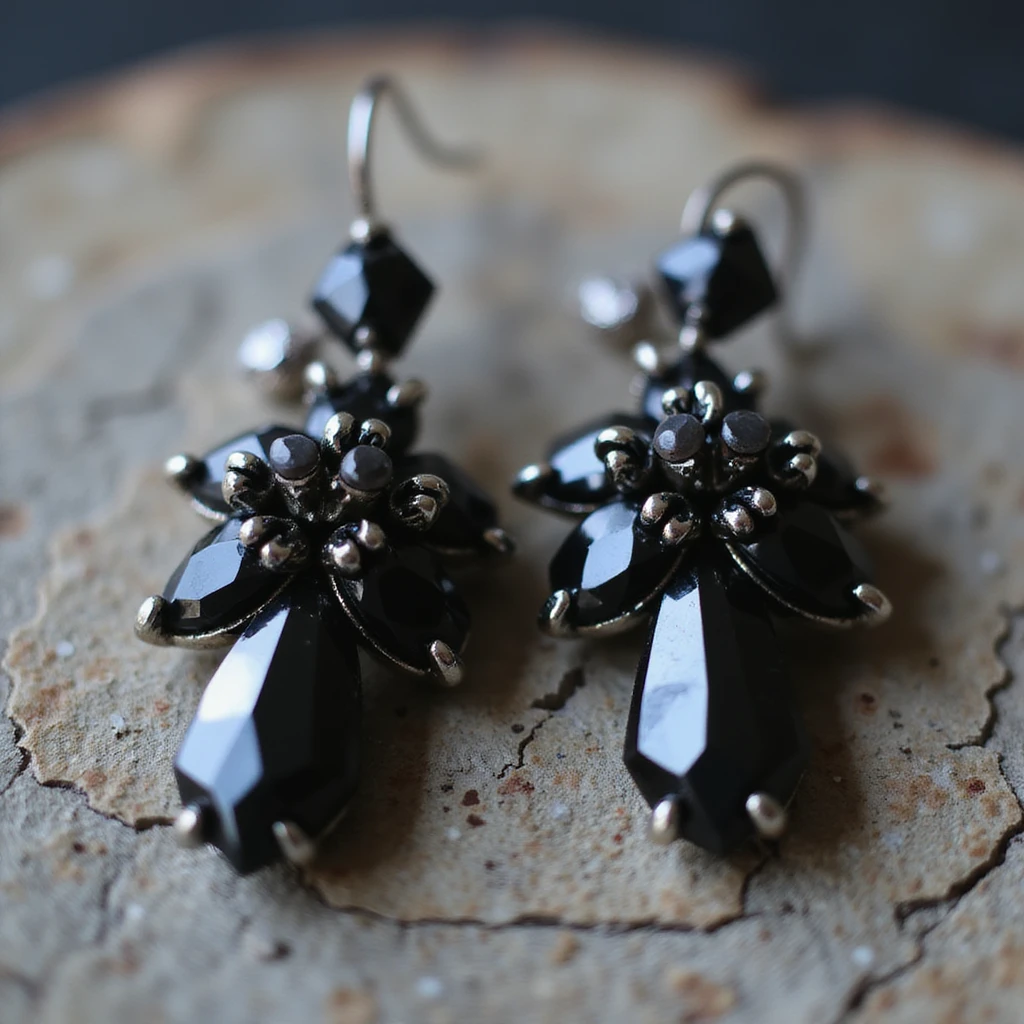 realistic goth earrings, black crystal cluster, faceted stones, elegant gothic emoji