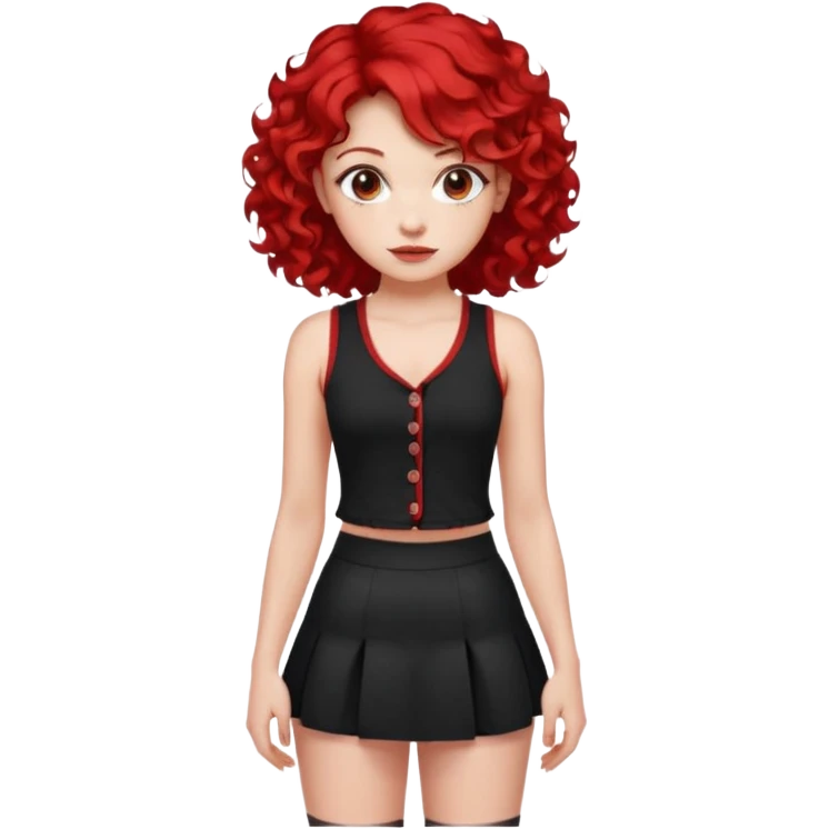 red haired girl with 2 big curls on the sides of her hair with a button up black tank top with red accents and a short skirt with red end emoji