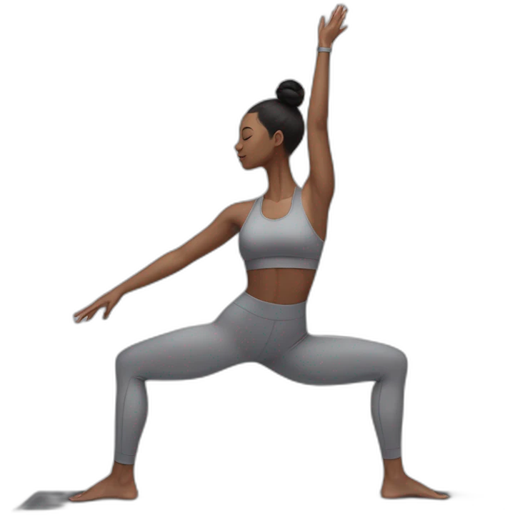 Pale skinned fit woman In a gray tight yoga suit and wristbands With black hair in a bun doing yoga emoji