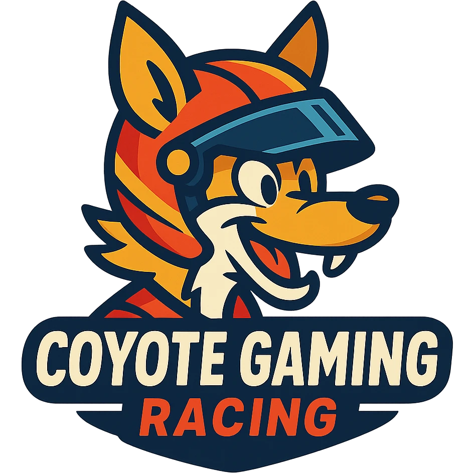 Coyote Gaming Racing logo in vibrant toon style, with a coyote character wearing a racing helmet emoji