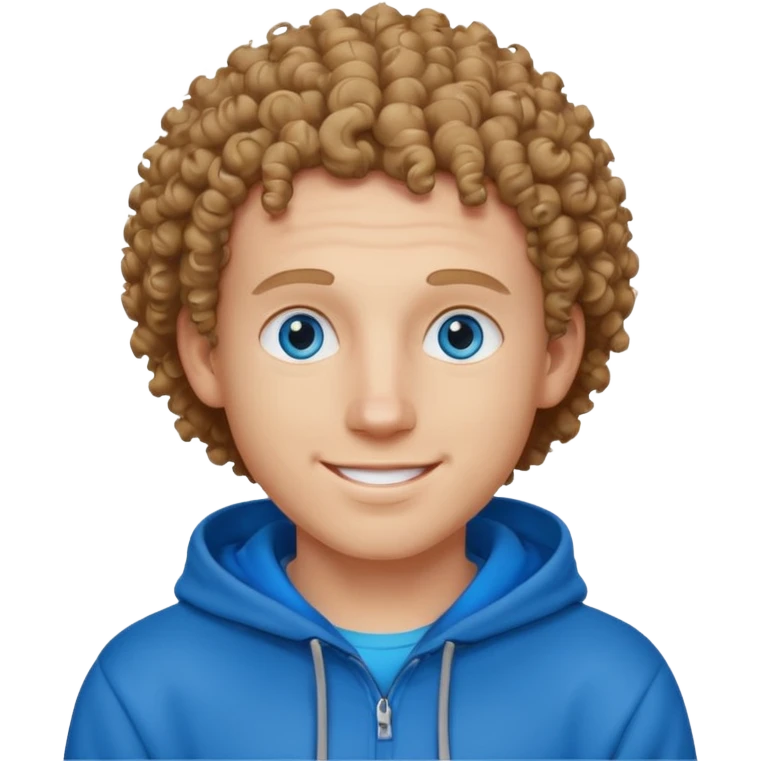 Curly haired with shaved sides, white guy, in a hoodie. Bright blue eyes and a smile emoji