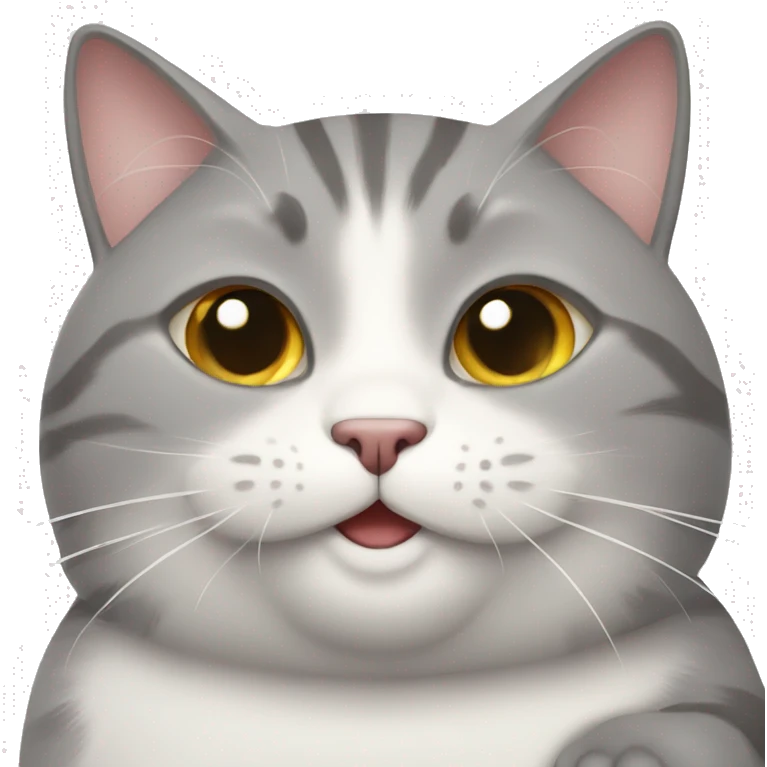 gray fat cat, white belly, smile, waves his hand emoji