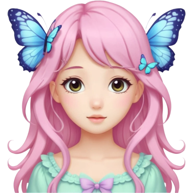 Cute kawaii gorgeous pretty anime cartoon pastel lady with butterflies and beautiful hair fairycore cottagecore emoji