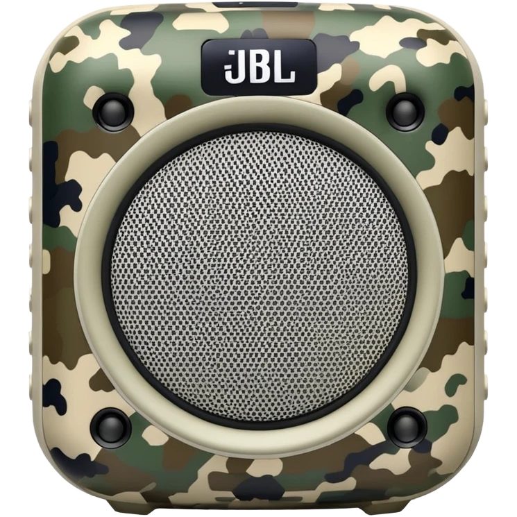 Minimalist JBL Clip 4 speaker with digital camouflage pattern, iOS emoji style emoji