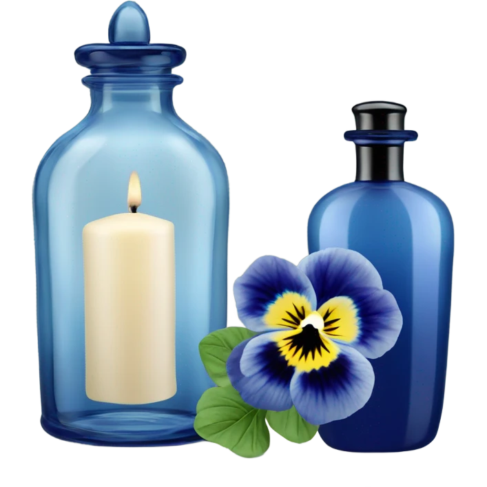 Decorative blue candle in a glass jar and in the back are navy blue pansies and a blue vintage-style perfume bottle  emoji