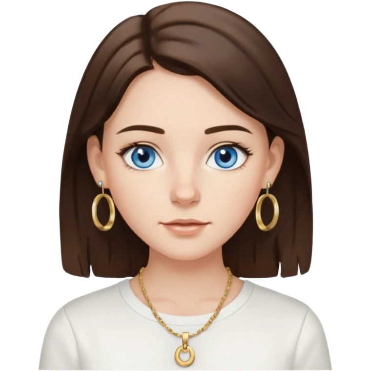 Create an emoji of a pretty white Girl with brunette hair blue eyes faint freckles and medium length hair wearing a white shirt with gold hoop earrings and a gold necklace  emoji