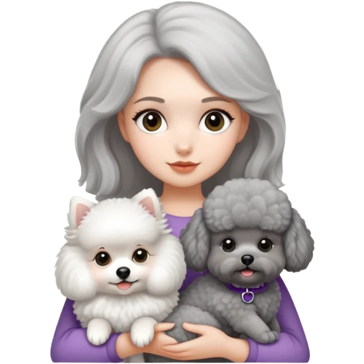 A girl holding a white Pomeranian and a gray poodle emoji