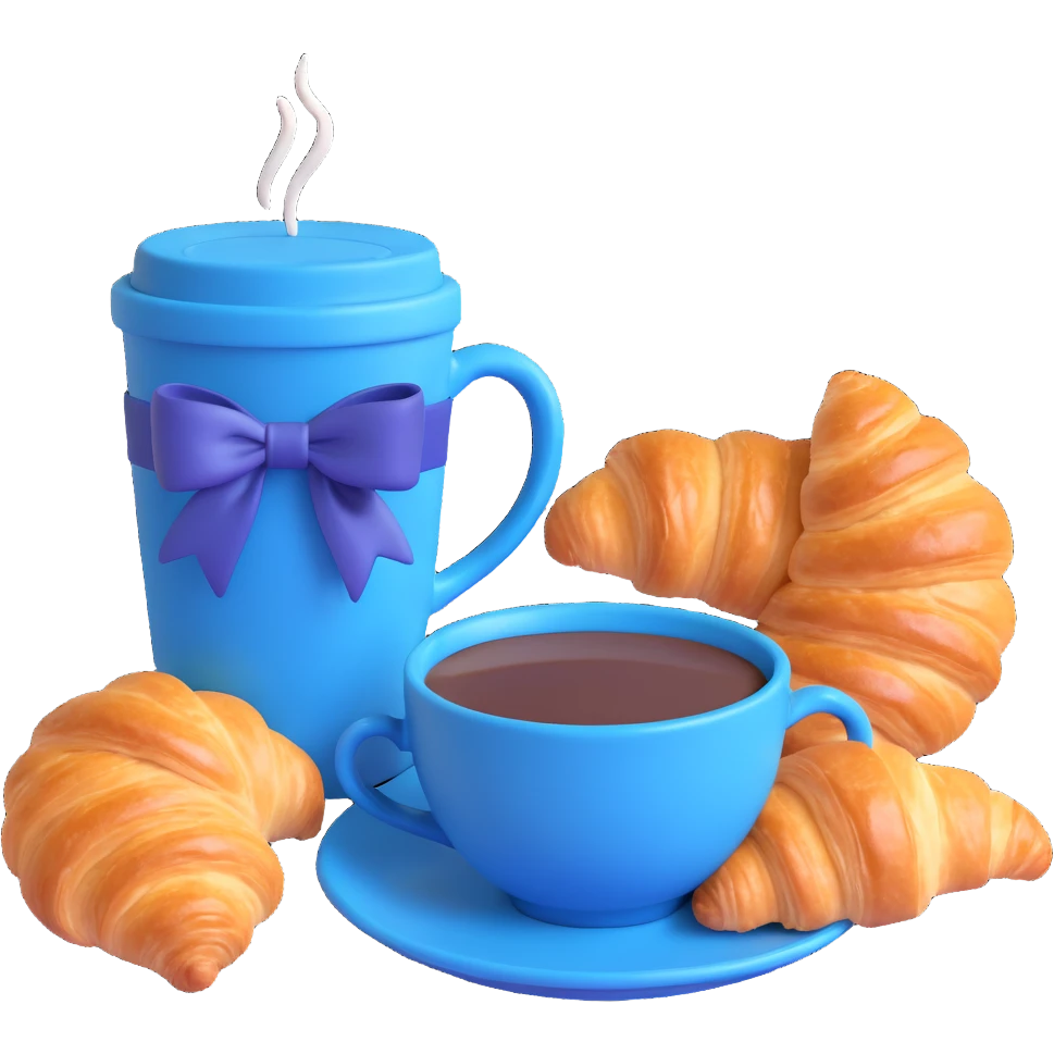 A blue cup of coffee with a flower on top and a blue bow, next to a croissant, in a warm, cozy setting. emoji