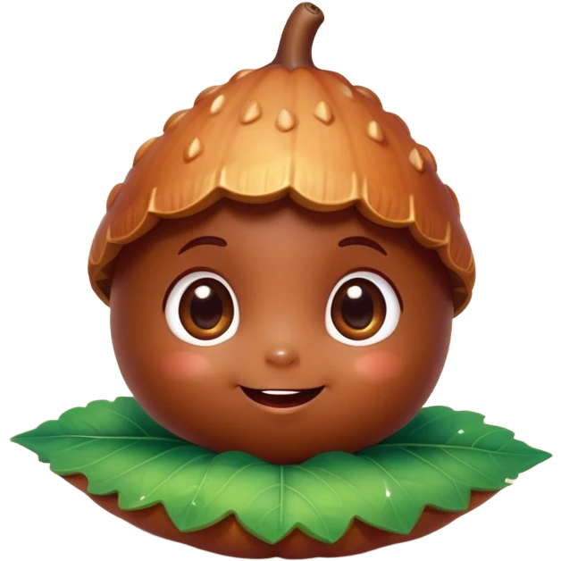 Cinematic tiny happy acorn, glossy brown, soft glowing highlights, tiny adorable face with big sparkly eyes, sitting on a pastel leaf, warm and cheerful. emoji