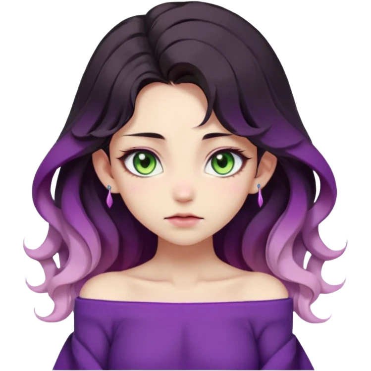 1 girl, long beautiful wavy black-brown-beige-gradients hair, vibrant and soft color palette, pointy ears, violet clothing, green eyes, slit pupils, young, skinny, japanese themed, pastel, dark, gloomy, edgy, shy expression, blush, (off shoulder) emoji