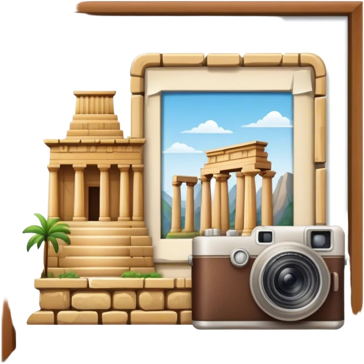 Icon for Historical and Cultural Tourism: iconic landmarks like ancient ruins, a museum and a historical monument, with a travel guidebook and camera. The icon should capture the exploration of history and culture. Transparent background. emoji