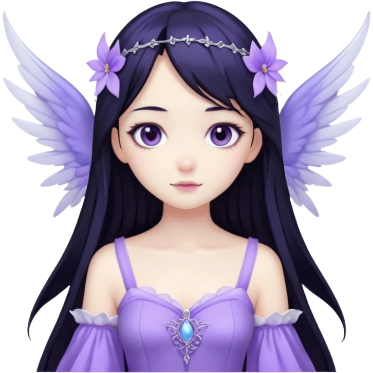 Gothic anime fairy with long beautiful black hair and violet dress, pastelcore, emoji