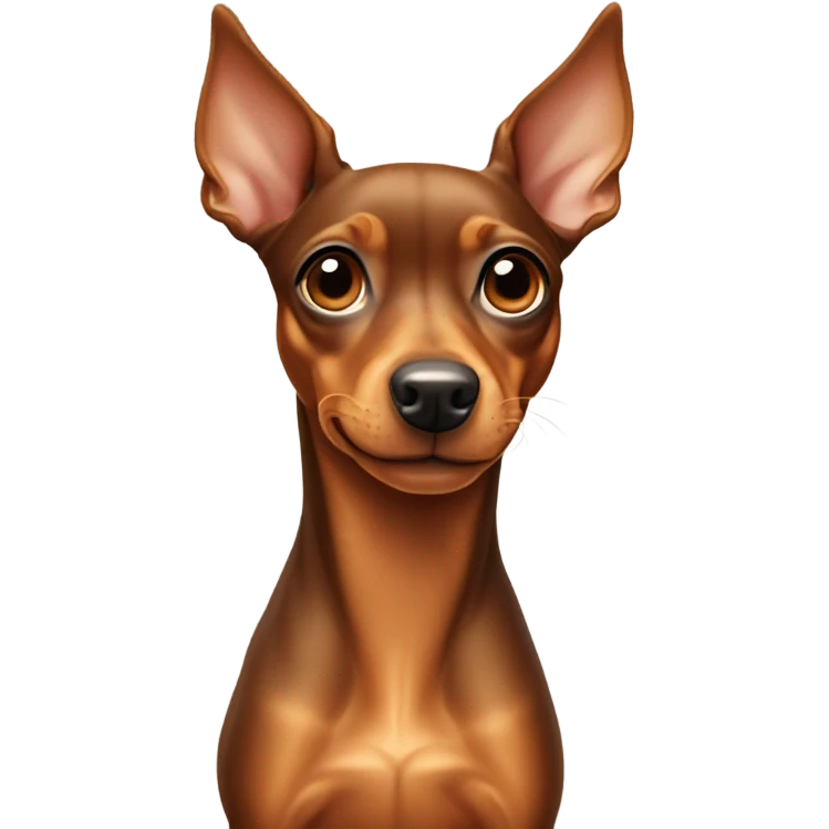 Fully tan miniature pinscher with thick neck with a white stripe in the center, and extending long ears to the sides and a long nose  emoji