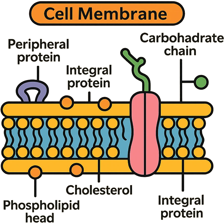 scientific diagram style detailed illustration of cell membrane structure showing all major components with labels and clean textbook-like appearance emoji