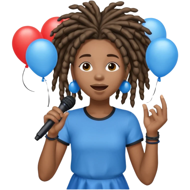 Black girl Stud with dreadlocks singing 1,2,3 release em with white and blue balloons flying overhead emoji like with mic in hand  emoji