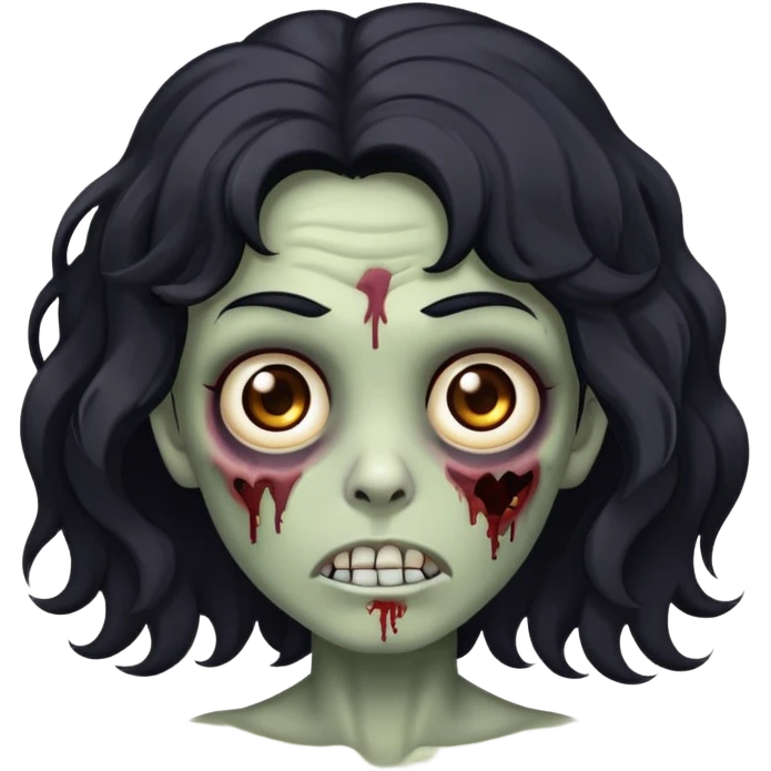 Um zumbi de cabelo preto ondulado grande e olhos castanhos sem olheiras e bonitinho com pequenas marcas no rosto emoji