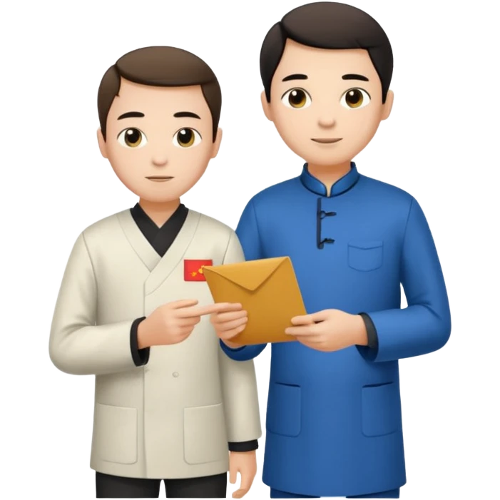 a young student with morden T-shirt handing letter to a old man official with chinese tunic suit emoji