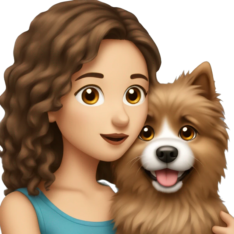 beautiful girl with brown hair kissing her fluffy spitz dog emoji
