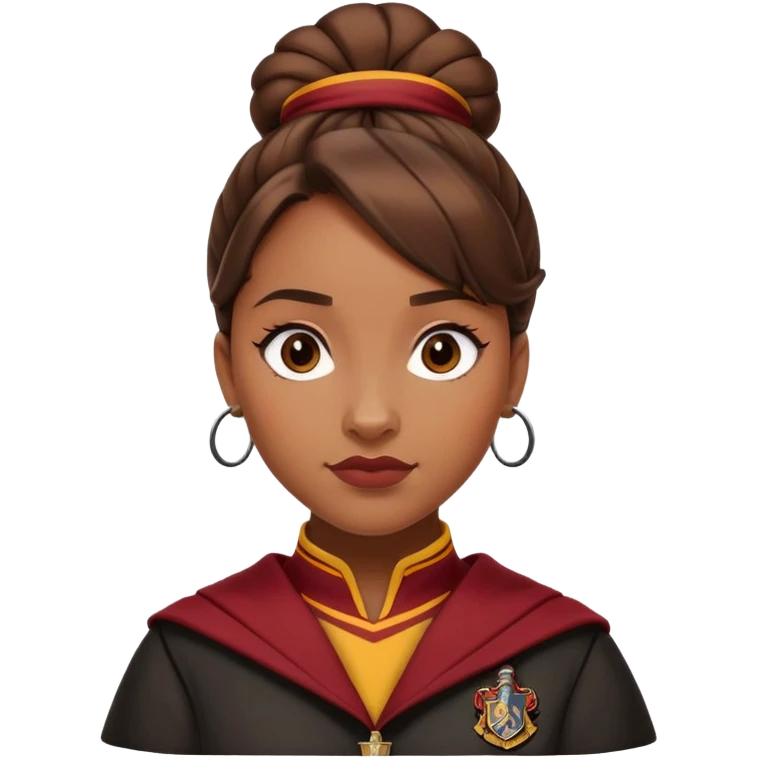 Angelina Johnson in harry potter, wear hogwarts gryfindor uniform,  thick, brown knot bun hair , reflecting her bold, stylish, and strong personality emoji