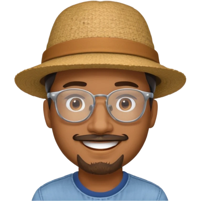 Brown man smiling with hat, clear glasses and goatee emoji