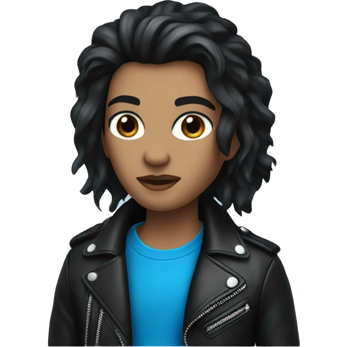 panther with black hairstyle and leather jacket, blue eyes, black spots emoji