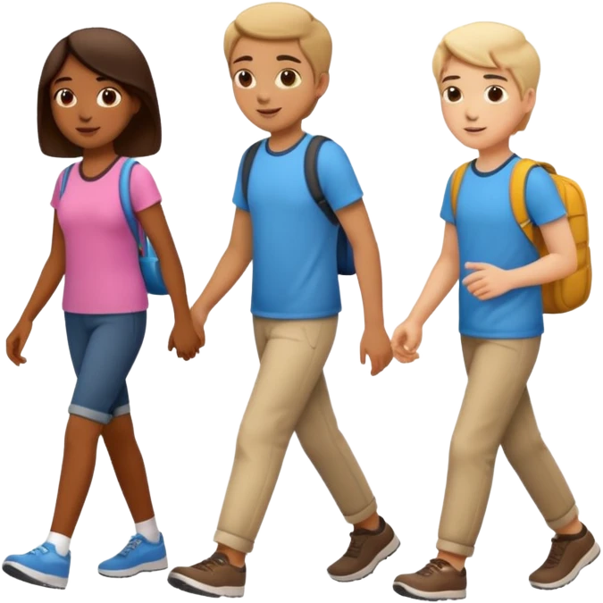 iOS emoji style. 2 friends and a teenager walking and talking.  emoji