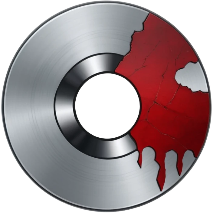 Minimalist emoji-style sticker of a single CD with a sharp crack and a dried blood spot. View from above, black, gray, and muted red.
 emoji
