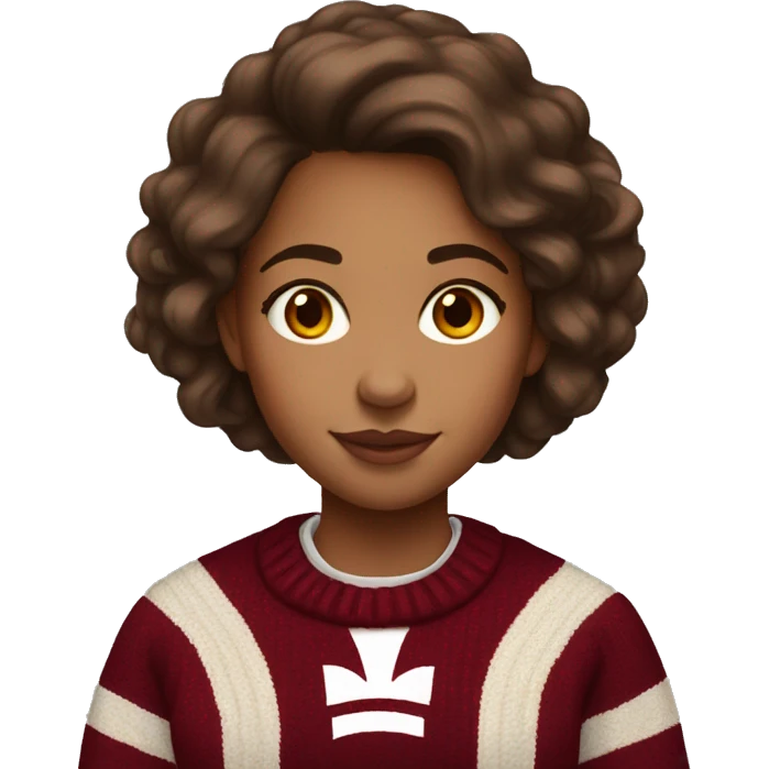 Girl with light tan skin and brown hair wearing a dark red and white Harvard University sweater emoji
