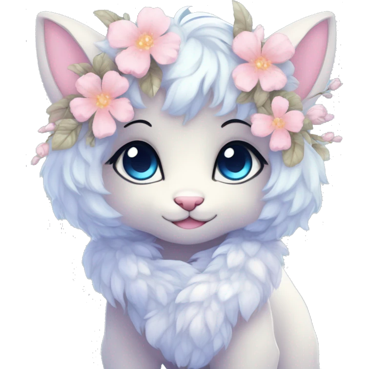 Anthro Cute Cool Pastel Innocent Shy Kawaii gorgeous sparkly ethereal fantasy animal creature with blue eyes furry sona with flowers and ribbons beautiful aesthetic emoji