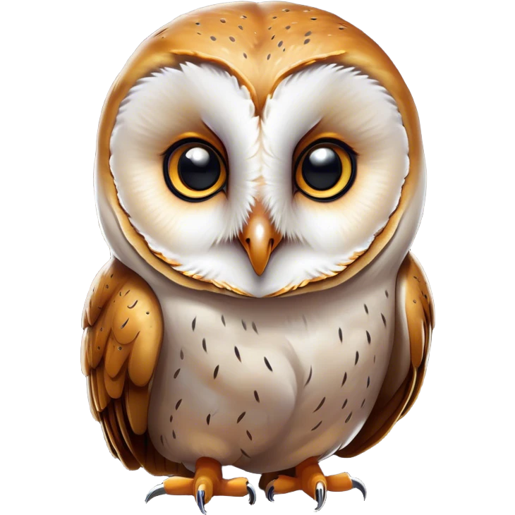 Cinematic Comical Barn Owl Portrait Emoji, Head tilted dramatically with an exaggeratedly amused expression, featuring a striking mottled plumage with bold contrasts, wide, expressive amber eyes filled with playful disbelief, Simplified yet hilariously expressive features, highly detailed, glowing with a slightly sassy glow, high shine, dramatic yet playful, stylized with an air of cheeky nocturnal mischief, bright and endearing, soft glowing outline, capturing the essence of a spirited and over-the-top owl, so meme-worthy it feels like it could hoot its way into internet fame instantly! emoji