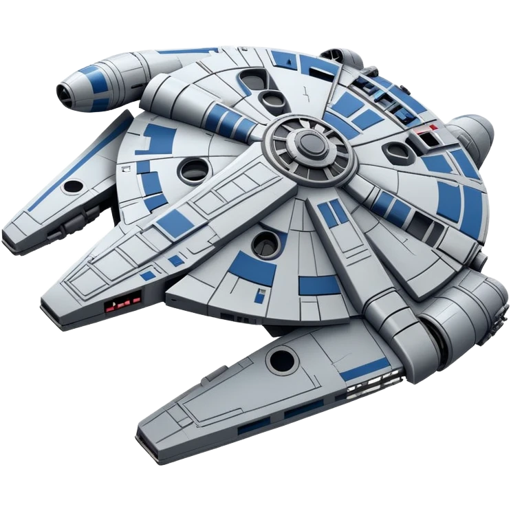 Halcón Milenario de Star Wars, iconic spaceship, simplified details, three-quarter view, gray and blue colors, friendly and recognizable emoji