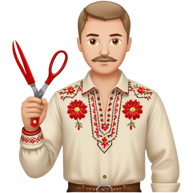 Ukrainian man in traditional vyshyvanka embroidered shirt holding red scissors in one hand and a spanner in the other hand emoji
