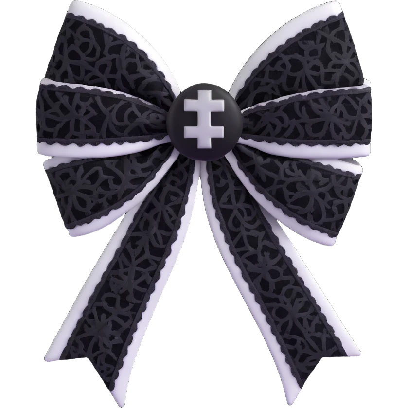 3D emoji gothic bow, white velvet, silver cross charm, black lace overlay emoji
