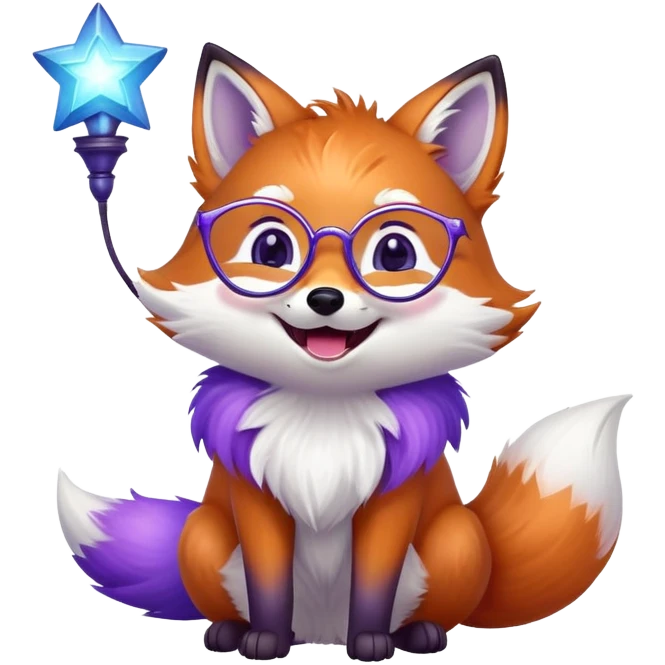 small magical fox with purple and blue fur, glowing fluffy tail, silver star on forehead, round glasses, tiny lantern, laughing with joy emoji