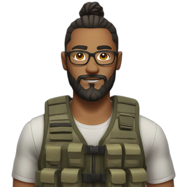 Man with man bun, beard and glasses, with a tactical vest on emoji