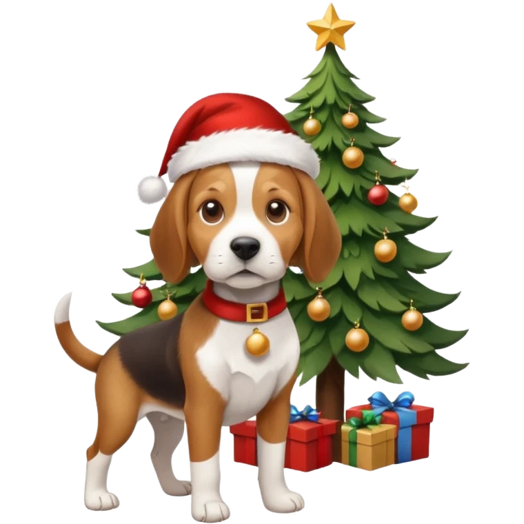 beagle wearing santa hat and standng by the xmas tree emoji