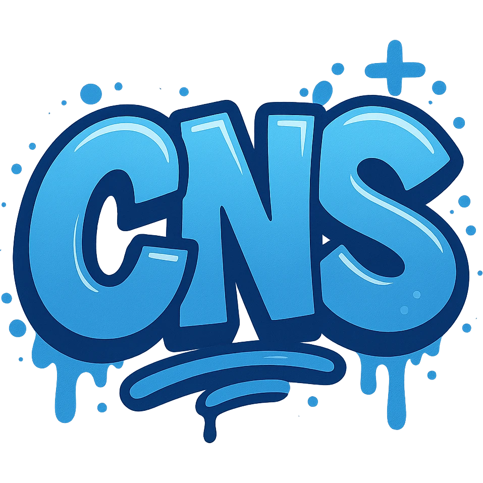 Сделай голубое граффити с надписью "CNS" в стиле emoji iOS без фона emoji