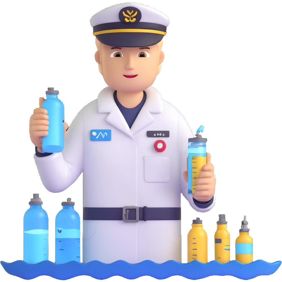 Oceanologist sailor from Vladivostok with scientific instruments, CTD sensor, water sampling bottles, and marine life emoji