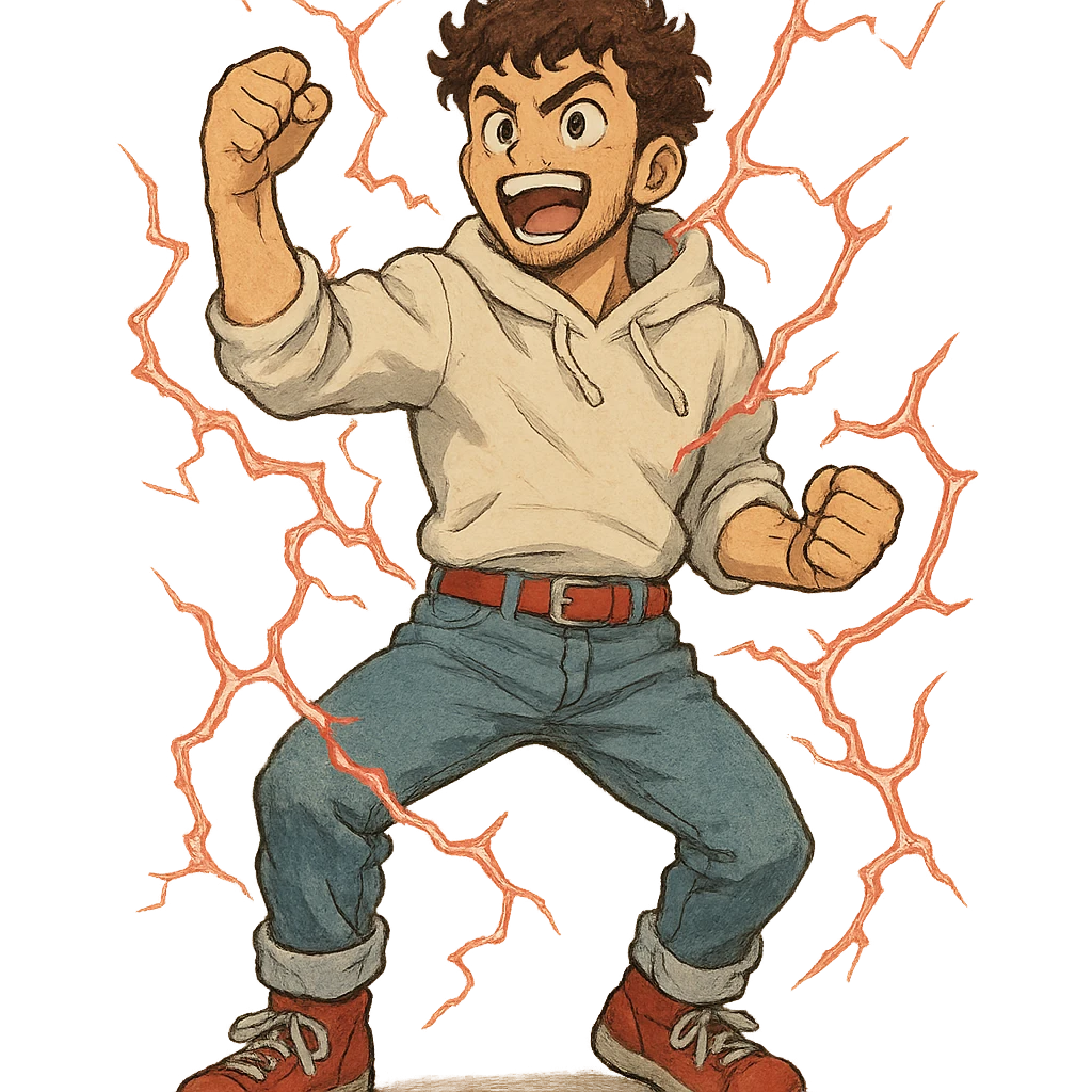 1 male, mid fade haircut dark chestnut brown curly hair, toasted lightskin, white hoodie sleeves up, fashion jeans, red fashion-sneakers shoes, red belt, short trimmed beard and goatee,  style of deku from "my hero academia" doing a "heck yeah!" exclaimation pose with red electricity emoji