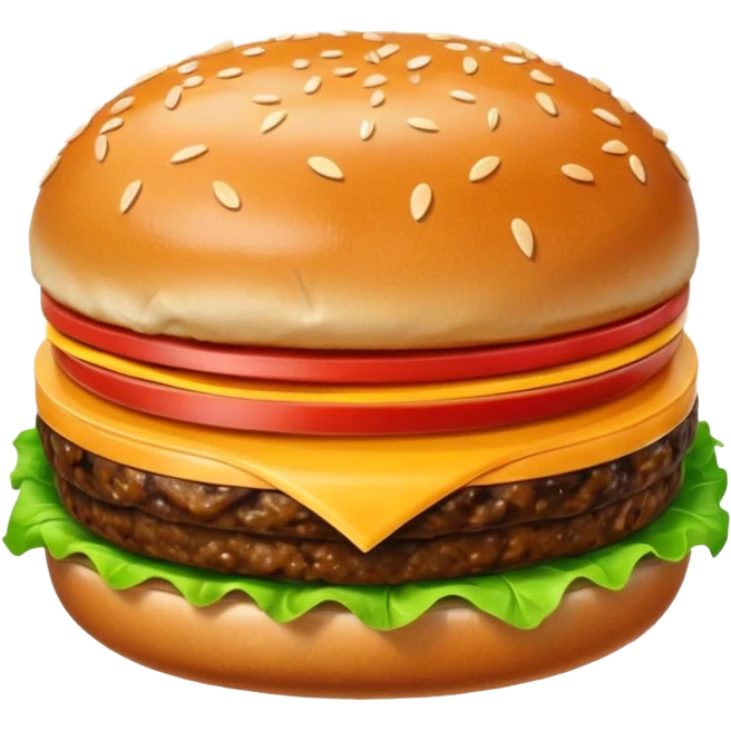 A classic single patty hamburger emoji,, glossy and colorful. Soft rounded bun with sesame seeds, one beef patty, fresh lettuce, tomato slice, melted cheese, realistic but cartoonish look, clean white background emoji