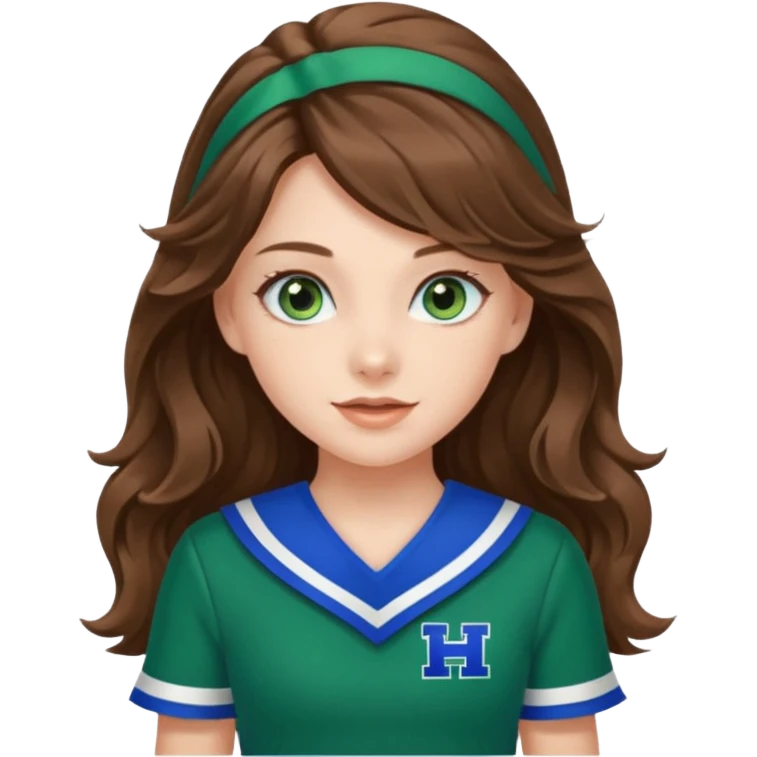 A pretty girl has blue eyes, her hair is brown long wavy hair, and wear green Hawkins cheerleader uniform emoji